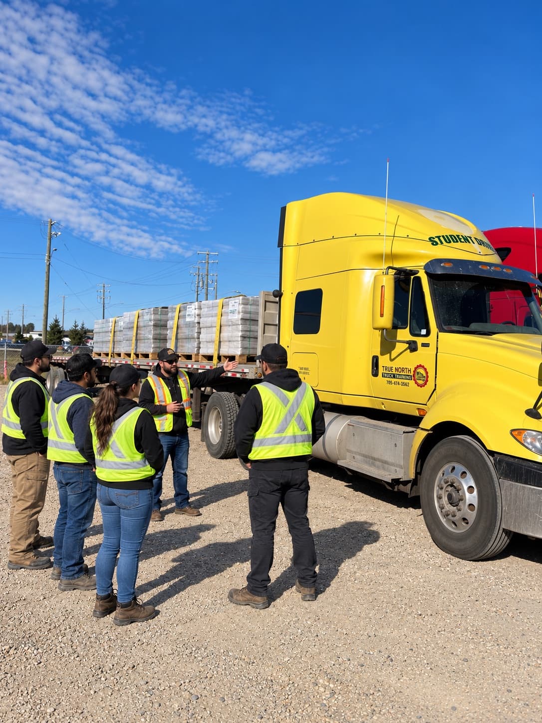 Instructor explaining load securement to a group of students beside a yellow truck and loaded flatbed