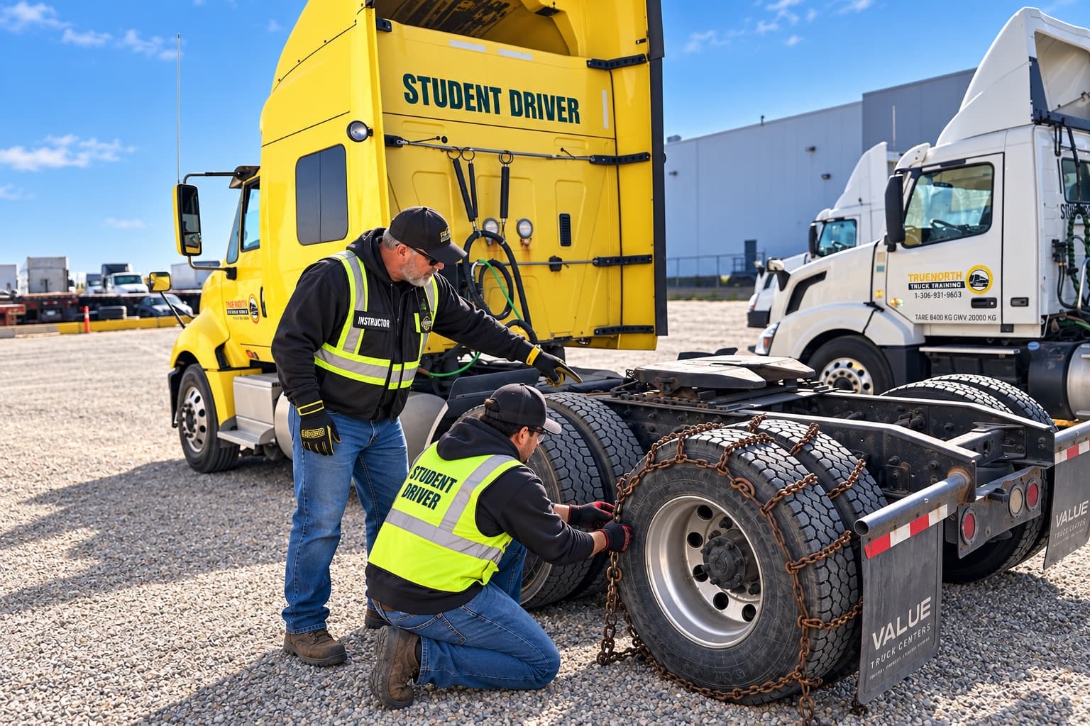 Instructor watching a student install tire chains on the drive wheels of a yellow training truck